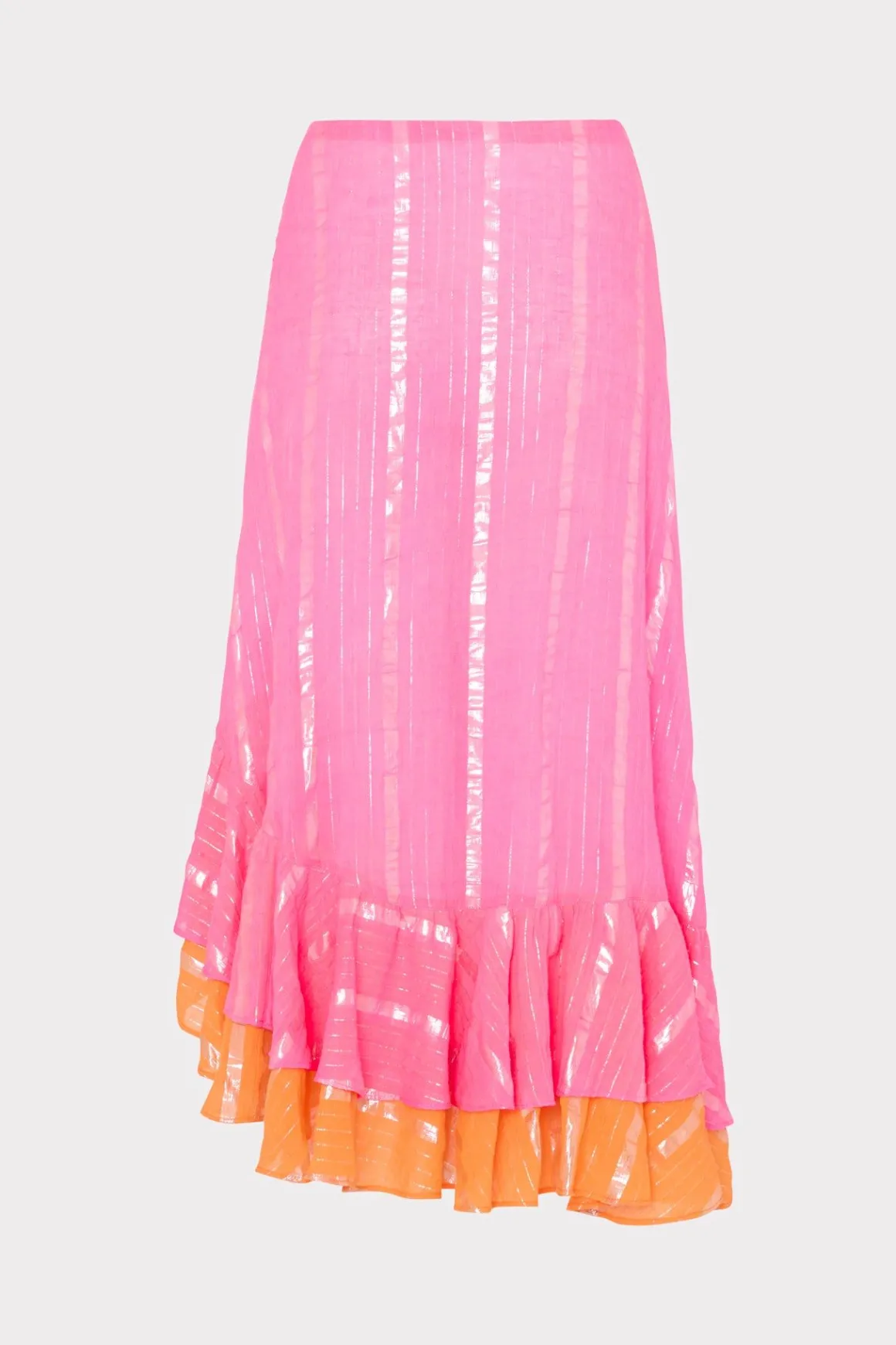 MILLY Cover-Ups-Lurex Stripe Ruffle Wrap Skirt Neon Pink/Orange
