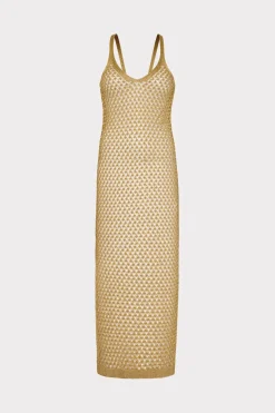 MILLY Cover-Ups-Metallic Mesh V Neck Midi Cover-Up Dress Gold
