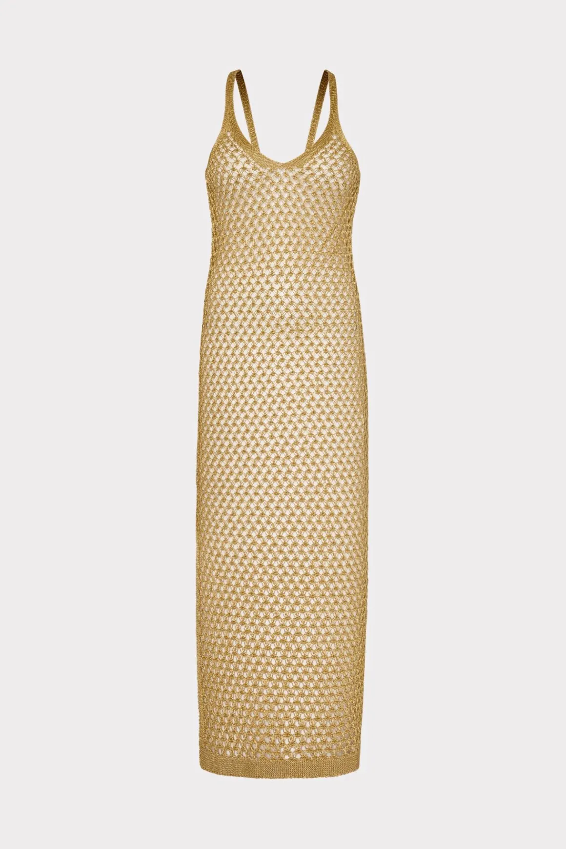 MILLY Cover-Ups-Metallic Mesh V Neck Midi Cover-Up Dress Gold