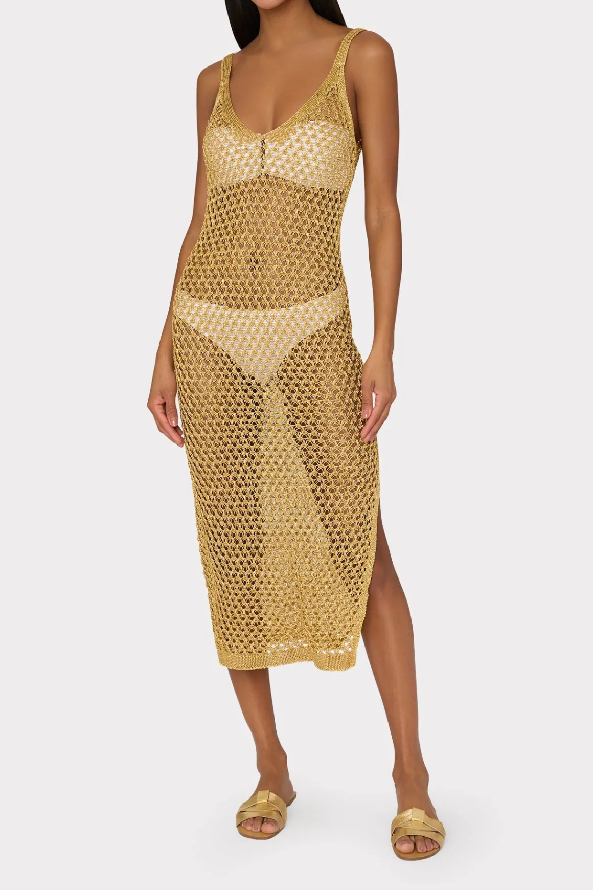 MILLY Cover-Ups-Metallic Mesh V Neck Midi Cover-Up Dress Gold