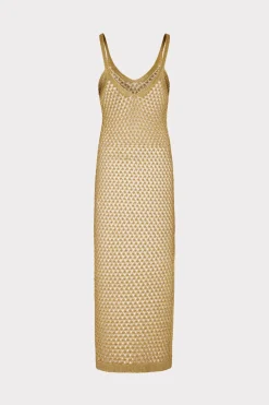 MILLY Cover-Ups-Metallic Mesh V Neck Midi Cover-Up Dress Gold