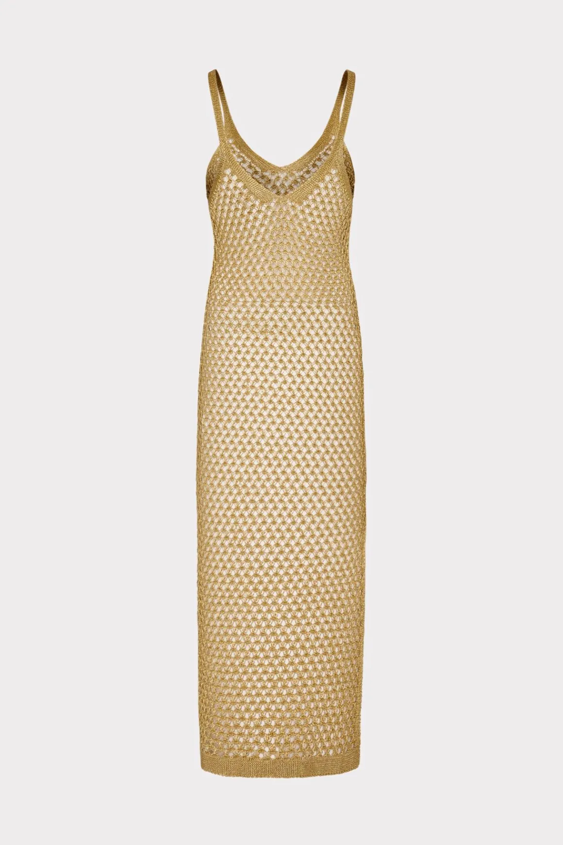 MILLY Cover-Ups-Metallic Mesh V Neck Midi Cover-Up Dress Gold