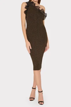 MILLY Knit Dresses-Metallic Scallop Ruffle One Shoulder Dress Gold