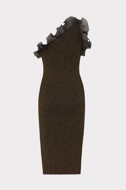 MILLY Knit Dresses-Metallic Scallop Ruffle One Shoulder Dress Gold