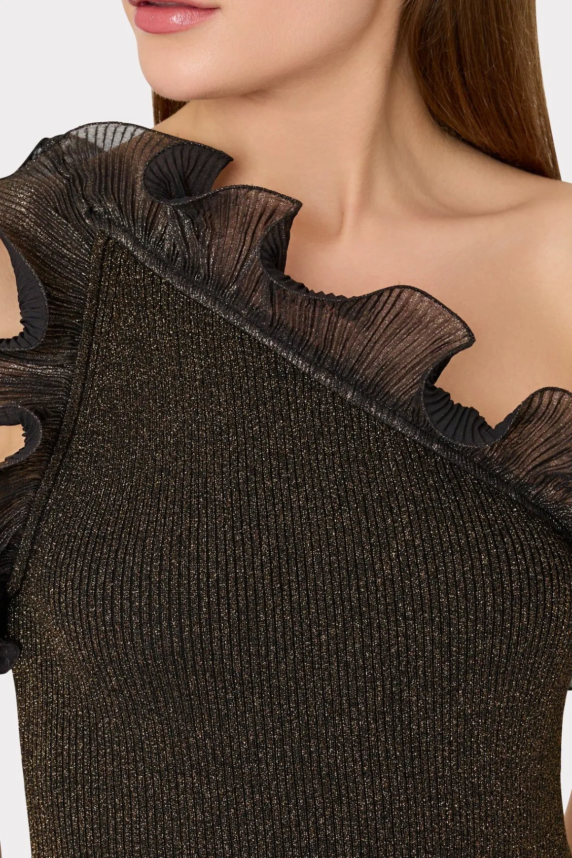 MILLY Sweaters & Knits-Metallic Scallop Ruffle One Shoulder Dress Gold