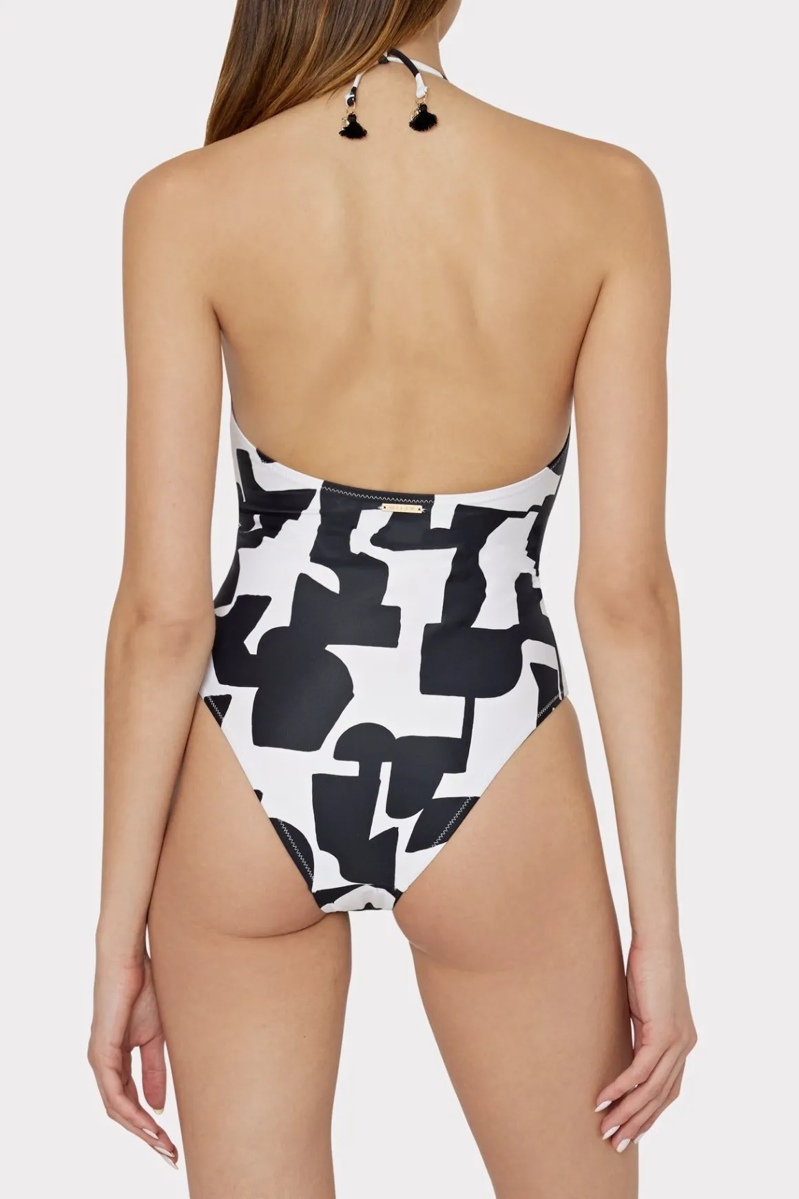MILLY One Piece Swimsuits-Modern Geo Print Looped Cutout One-Piece Black/Ecru