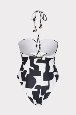 MILLY One Piece Swimsuits-Modern Geo Print Looped Cutout One-Piece Black/Ecru