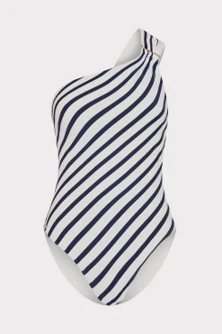 MILLY One Piece Swimsuits-Nautical Stripe One Shoulder One Piece Navy/White