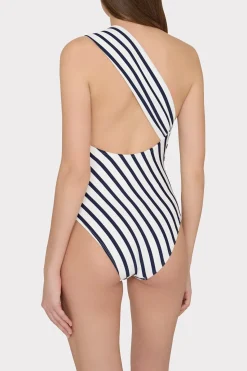 MILLY One Piece Swimsuits-Nautical Stripe One Shoulder One Piece Navy/White
