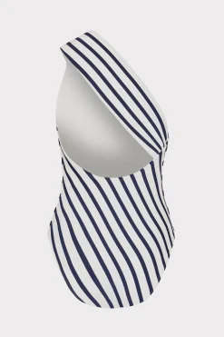 MILLY One Piece Swimsuits-Nautical Stripe One Shoulder One Piece Navy/White