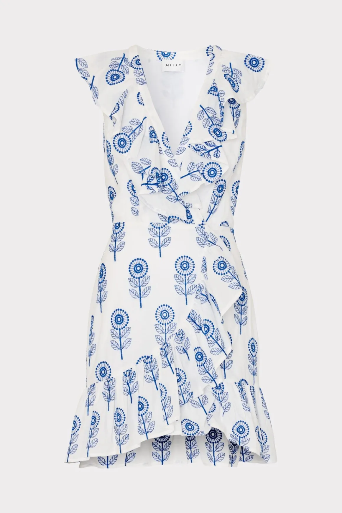 MILLY Mini Dresses-Novi Poppy Embroidery Wrap Dress White/Blue