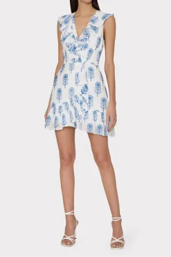 MILLY Mini Dresses-Novi Poppy Embroidery Wrap Dress White/Blue