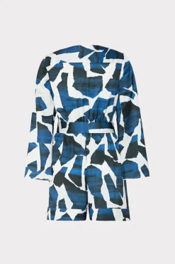 MILLY Cover-Ups-Ocean Puzzle Satin Romper Navy Multi