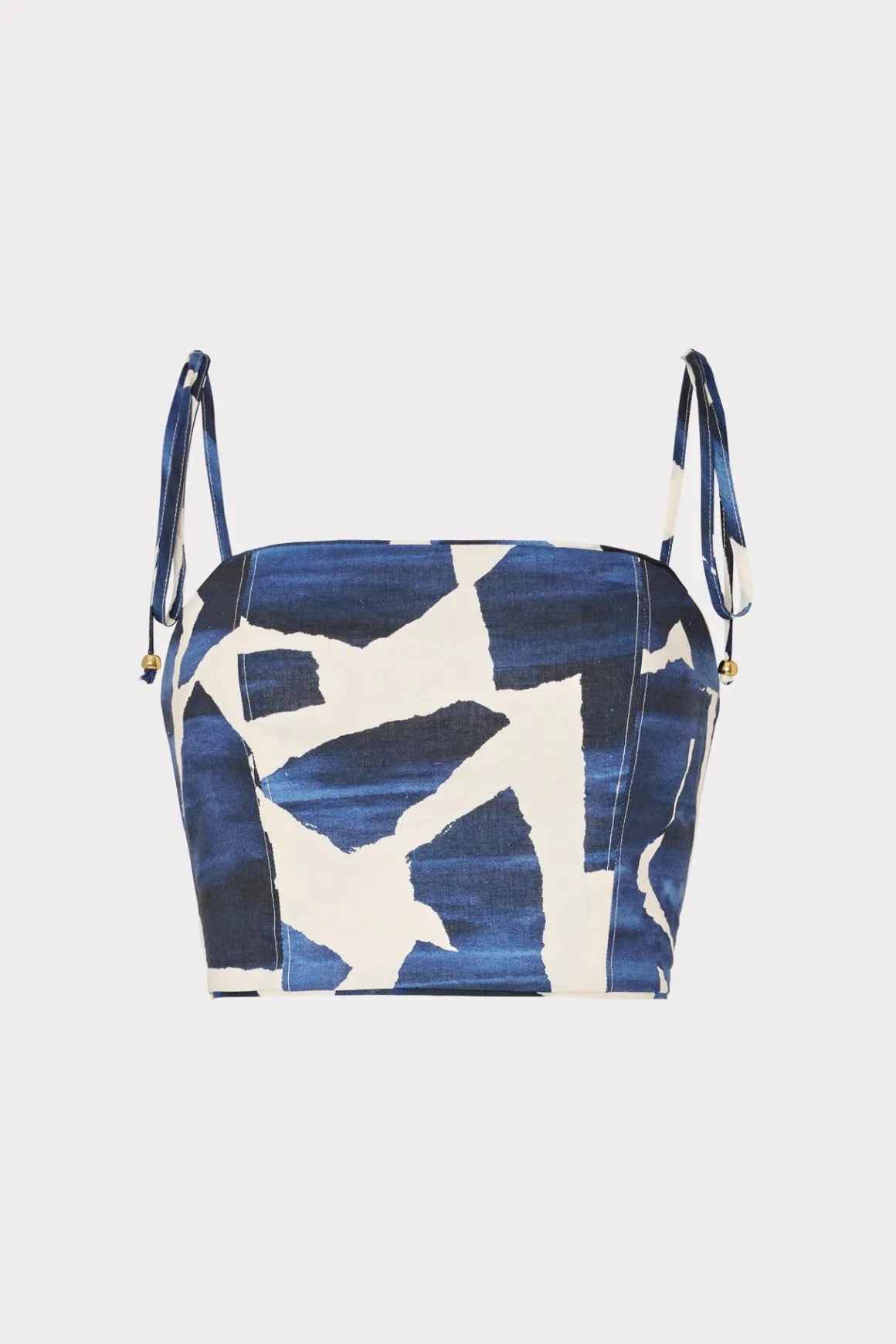 MILLY Cover-Ups-Ocean Puzzle Viscose Linen Tie Top Navy Multi
