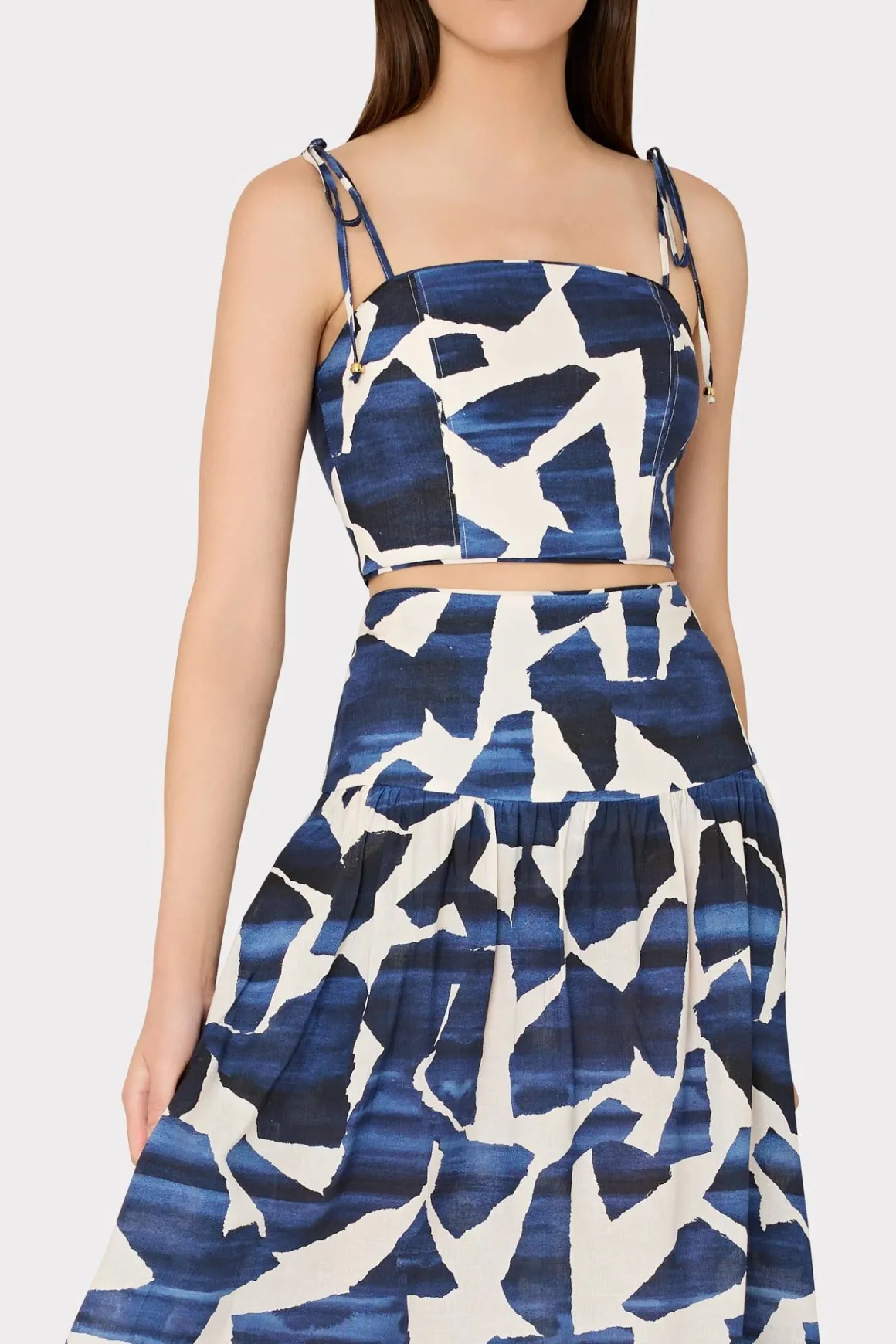 MILLY Cover-Ups-Ocean Puzzle Viscose Linen Tie Top Navy Multi