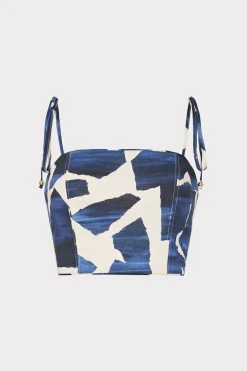 MILLY Jumpsuits & Rompers-Ocean Puzzle Viscose Linen Tie Top Navy Multi
