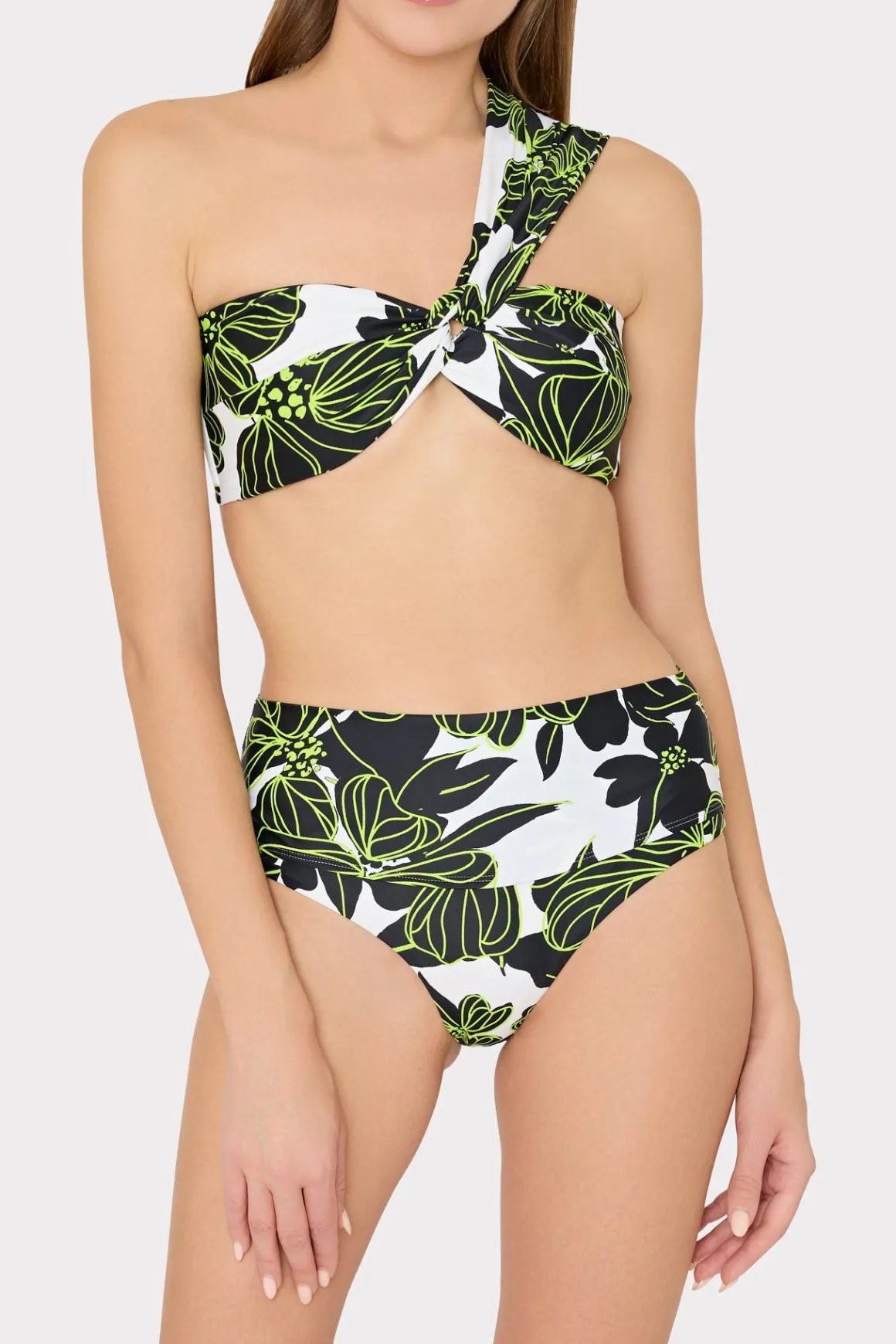 MILLY Bikinis-Olivia Sea Of Petals Draped Bandeau Top Chartreuse/Black