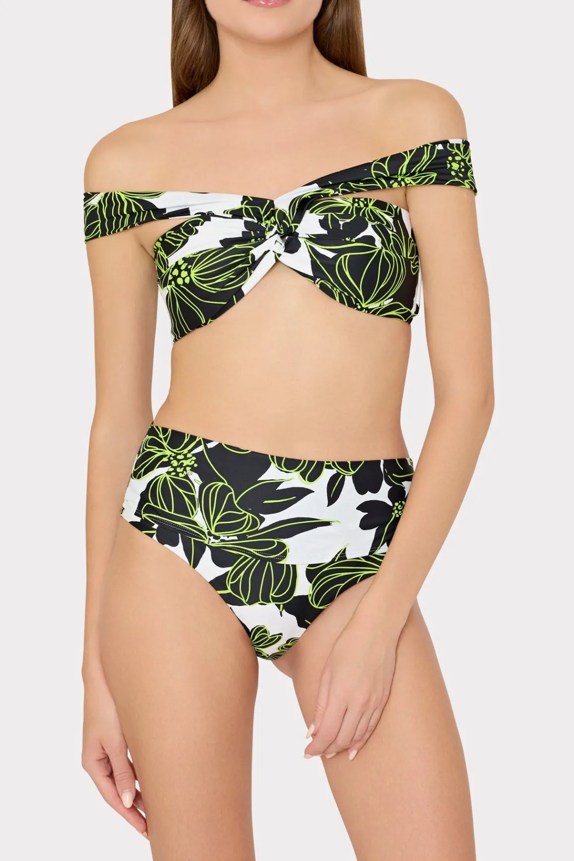 MILLY Bikinis-Olivia Sea Of Petals Draped Bandeau Top Chartreuse/Black