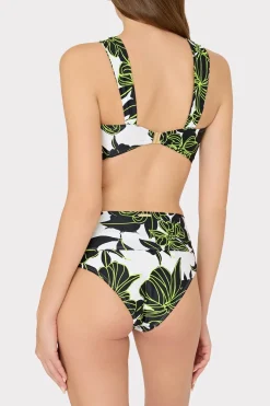 MILLY Bikinis-Olivia Sea Of Petals Draped Bandeau Top Chartreuse/Black