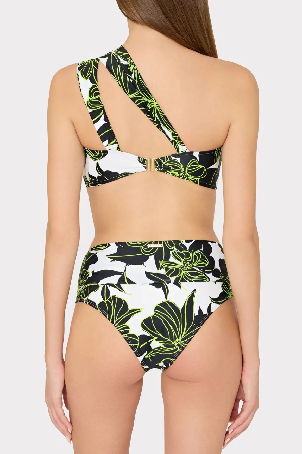 MILLY Bikinis-Olivia Sea Of Petals Draped Bandeau Top Chartreuse/Black