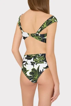 MILLY Bikinis-Olivia Sea Of Petals Draped Bandeau Top Chartreuse/Black