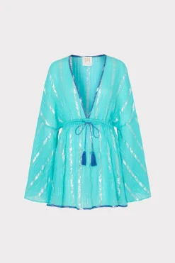 MILLY Cover-Ups-Olympia Lurex Stripe Coverup Dress Turquoise/Blue