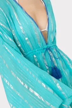 MILLY Cover-Ups-Olympia Lurex Stripe Coverup Dress Turquoise/Blue