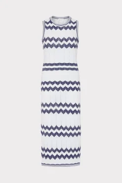 MILLY Knit Dresses-Oversized Zig Zag Midi Dress Navy/Ecru
