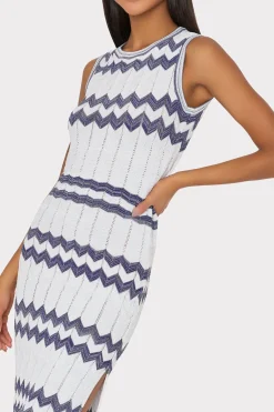 MILLY Knit Dresses-Oversized Zig Zag Midi Dress Navy/Ecru