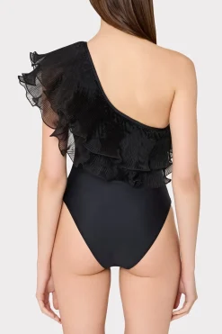 MILLY One Piece Swimsuits-Pleated Organza One Shoulder One Piece Black
