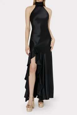 MILLY Maxi Dresses-Roux Hammered Satin Gown Black