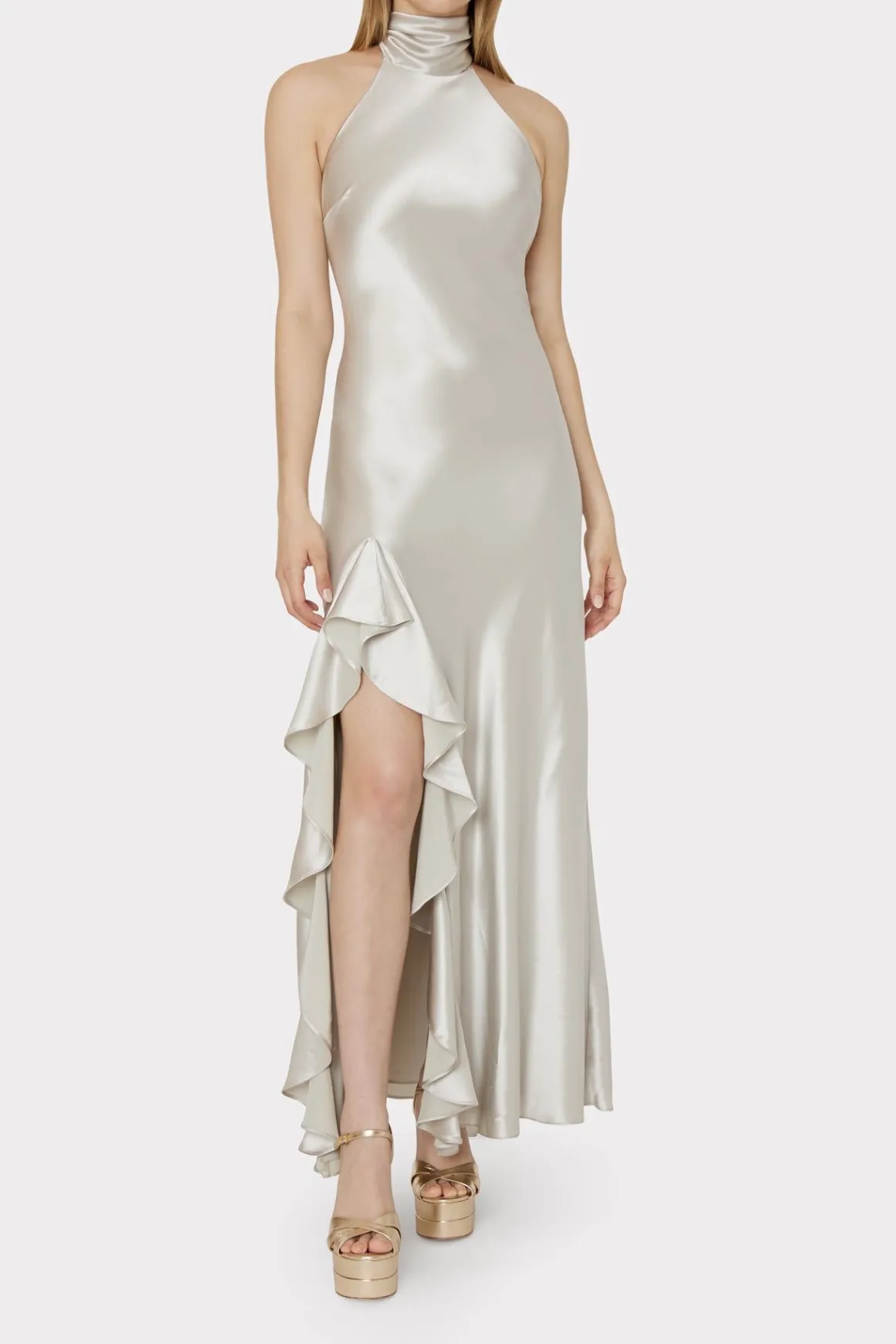 MILLY Maxi Dresses-Roux Hammered Satin Gown Silver