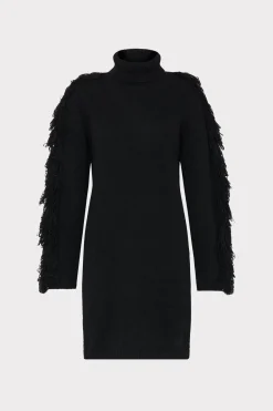 MILLY Little Black Dresses-Rowe Fringe Sleeve Turtleneck Mini Dress Black