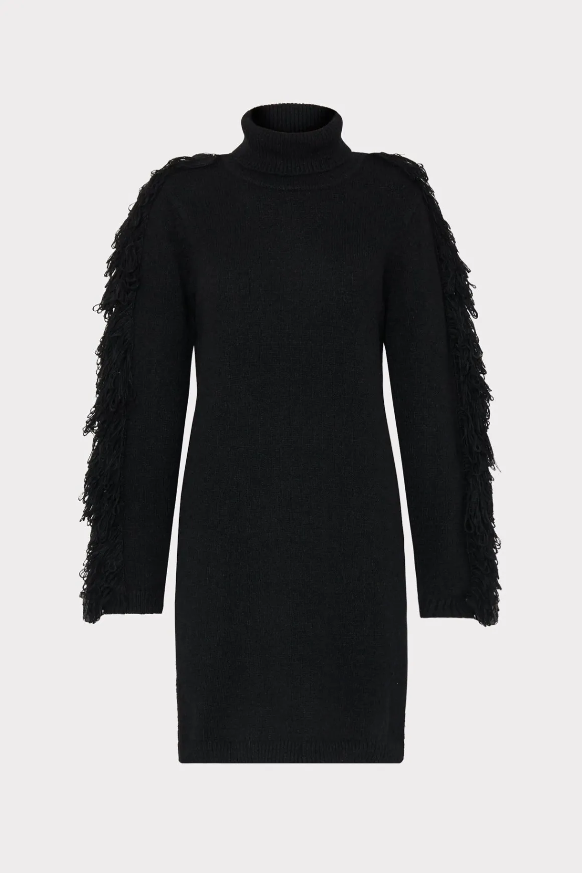 MILLY Little Black Dresses-Rowe Fringe Sleeve Turtleneck Mini Dress Black