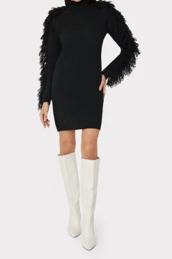 MILLY Little Black Dresses-Rowe Fringe Sleeve Turtleneck Mini Dress Black