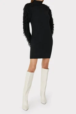 MILLY Little Black Dresses-Rowe Fringe Sleeve Turtleneck Mini Dress Black