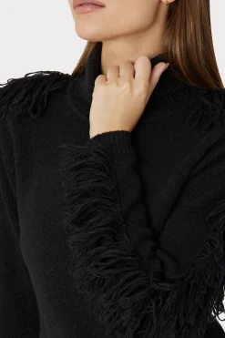 MILLY Little Black Dresses-Rowe Fringe Sleeve Turtleneck Mini Dress Black