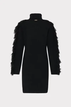 MILLY Little Black Dresses-Rowe Fringe Sleeve Turtleneck Mini Dress Black