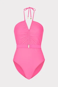 MILLY Jumpsuits & Rompers-Ruched Halter One Piece Neon Pink
