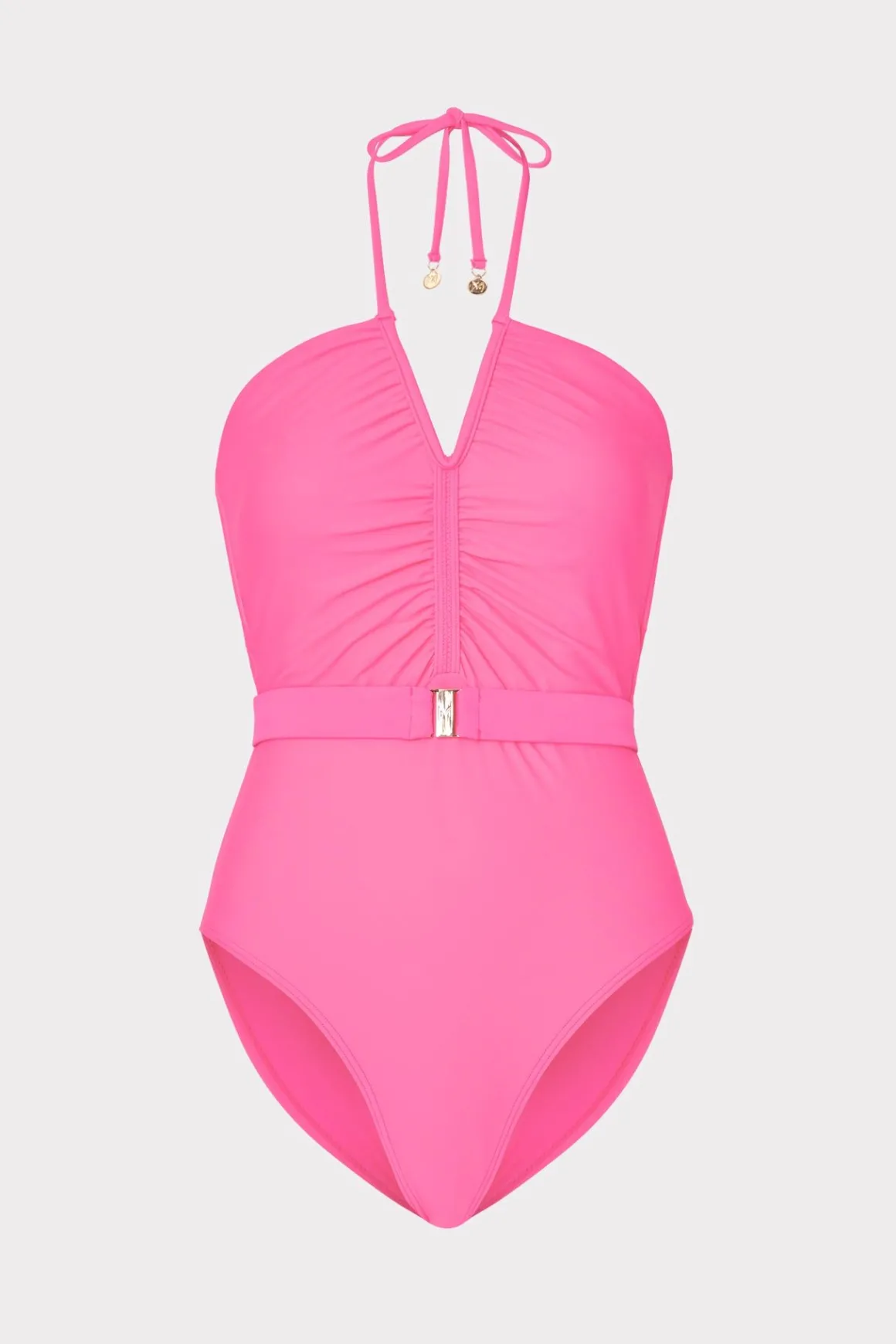 MILLY One Piece Swimsuits-Ruched Halter One Piece Neon Pink