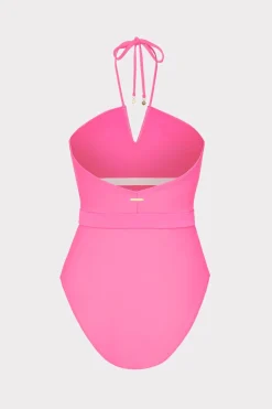 MILLY One Piece Swimsuits-Ruched Halter One Piece Neon Pink