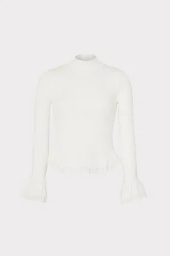MILLY Tops-Ruffle Knit Mock Neck Ecru