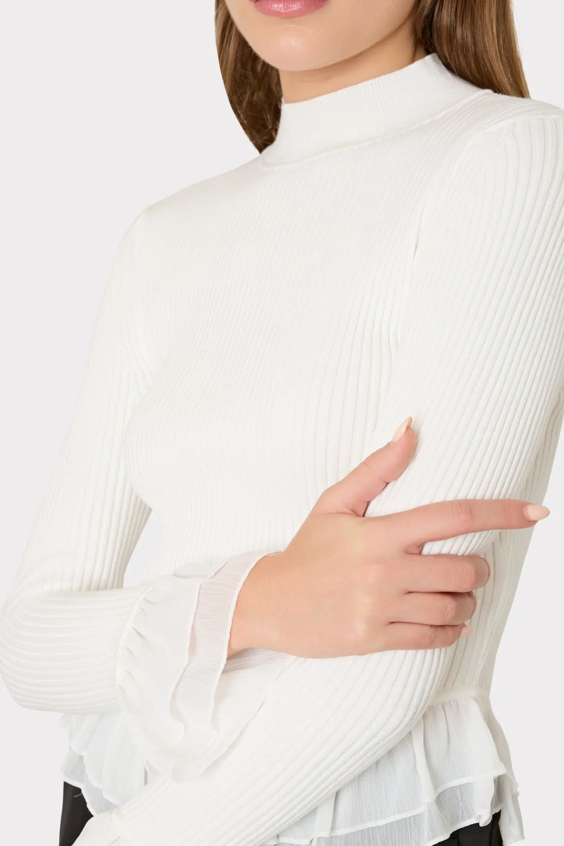 MILLY Tops-Ruffle Knit Mock Neck Ecru