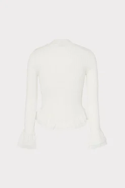 MILLY Tops-Ruffle Knit Mock Neck Ecru