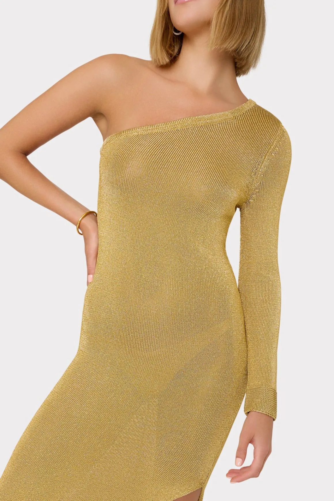 MILLY Knit Dresses-Senna Metallic One Shoulder Midi Dress Gold