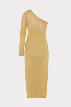 MILLY Knit Dresses-Senna Metallic One Shoulder Midi Dress Gold