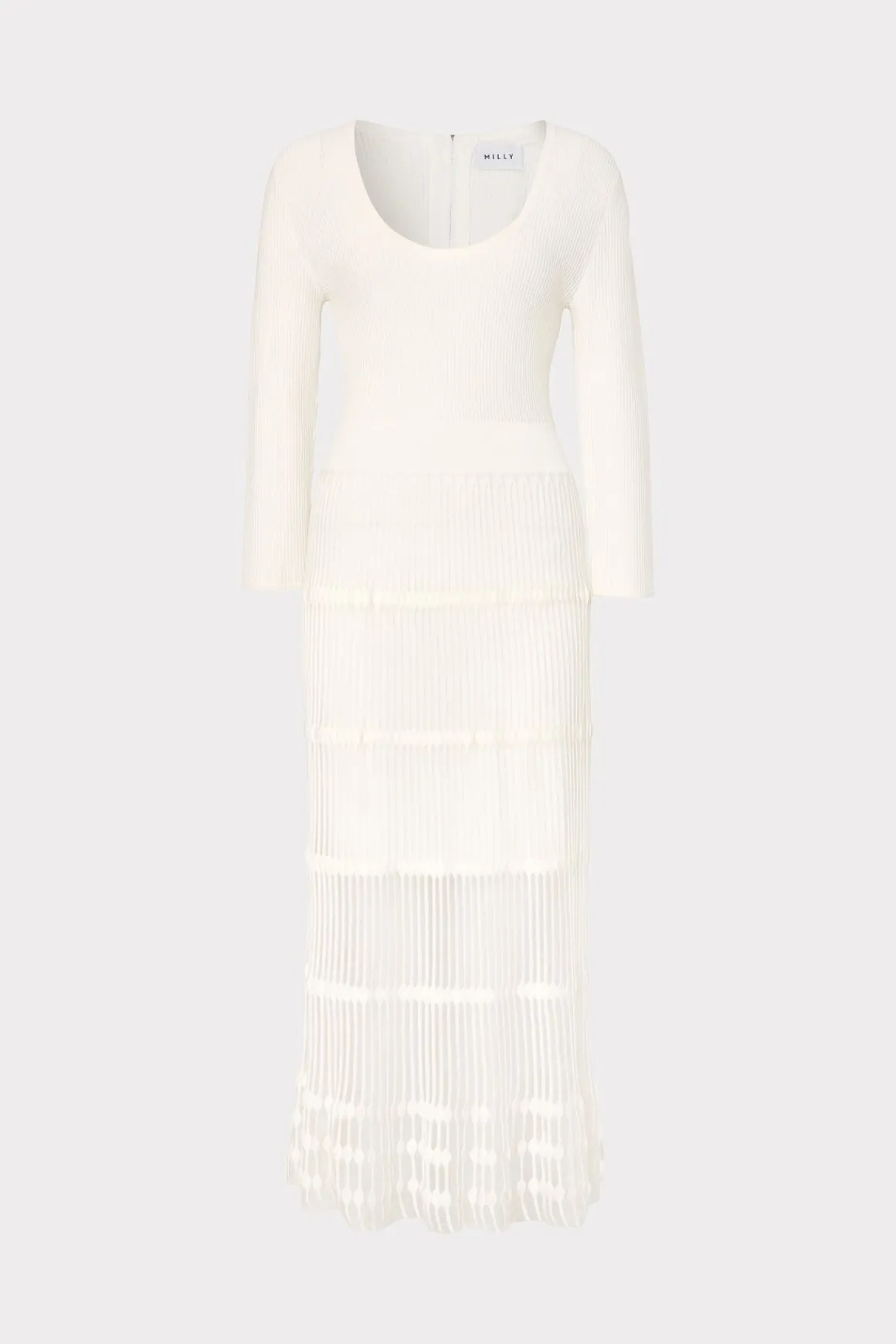 MILLY White Dresses-Sheer Knit Fit And Flare Dress Ecru