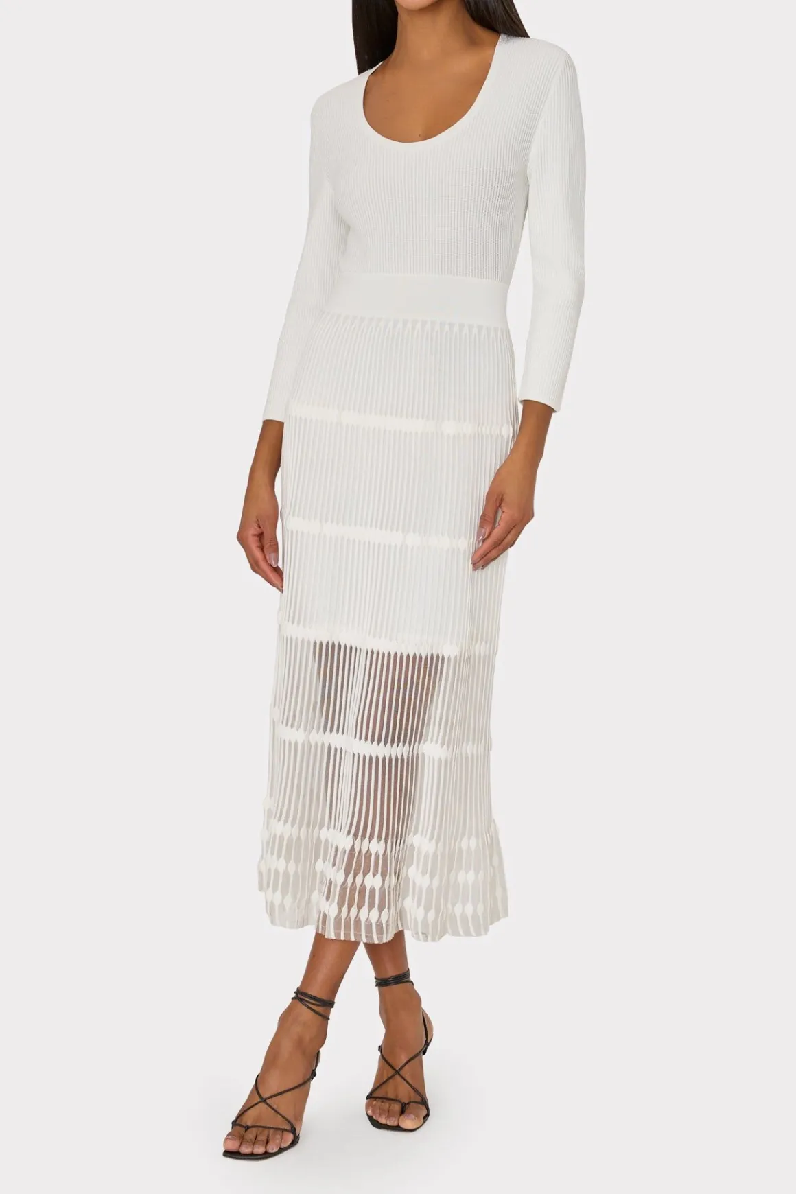 MILLY White Dresses-Sheer Knit Fit And Flare Dress Ecru
