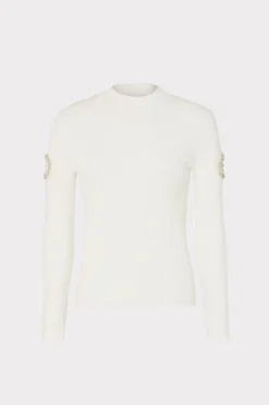 MILLY Tops-Shoulder Cut Out Knit Mock Neck Ecru