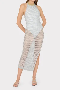 MILLY Jumpsuits & Rompers-Simone Metallic Halter Neck Knit Dress Silver